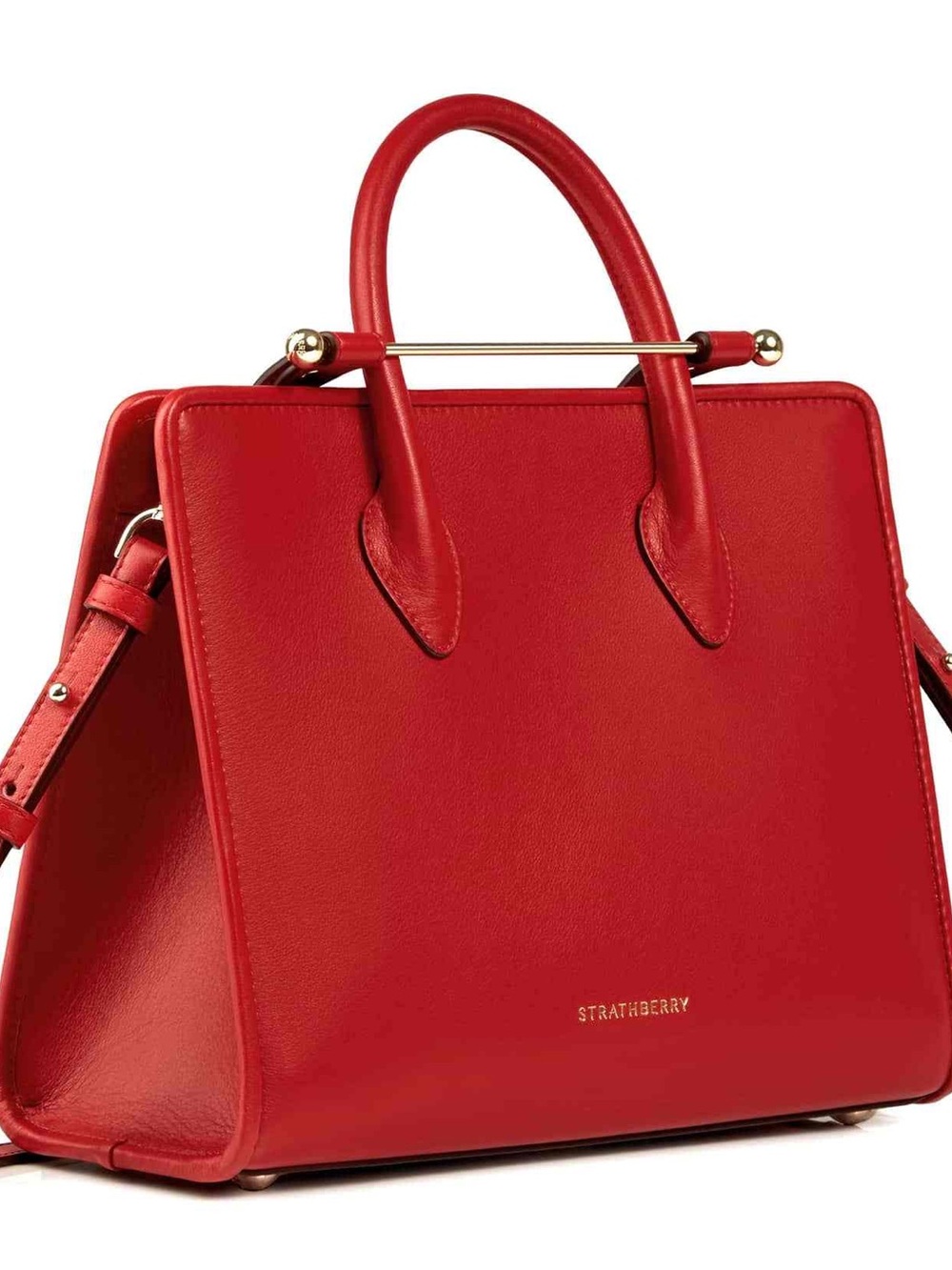 Strathberry Midi Tote Red Leather with Gold Accents
